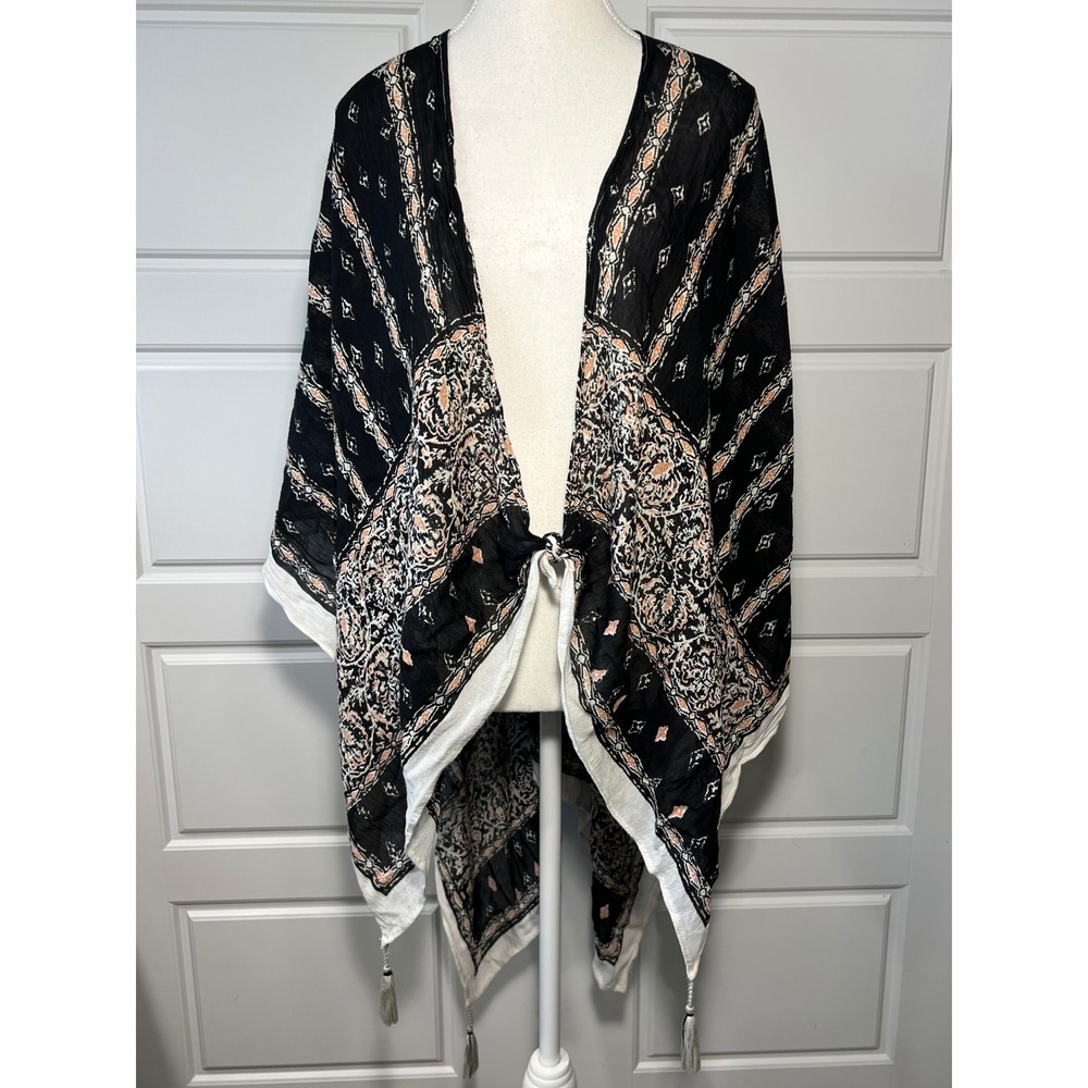 Vince Camuto Black Peach Patterned Tassel Kimono Shawl Poncho Beach Cover Up OS